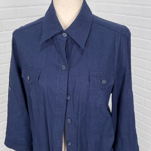 R &K Dress Women 14 Blue Shirt Button Linen Blend Lined Midi Classic - Picture 2 of 16